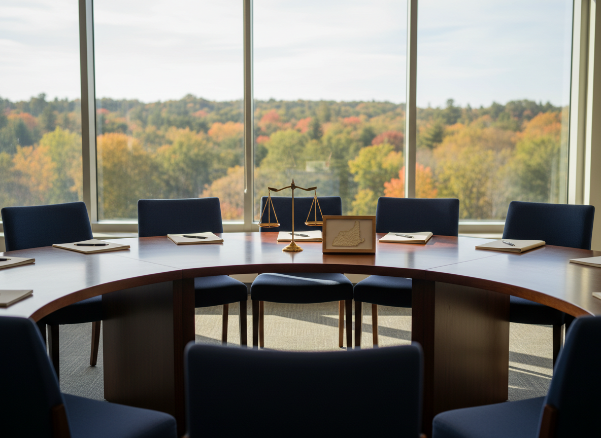 A polished wooden conference table arranged in a neat semicircle of empty navy-blue upholstered chairs, each with a closed legal folder and blank notepad placed precisely in front. At the center, a simple brass scale of justice stands beside a small framed outline map of New Hampshire, softly embossed. The setting is a bright, modern meeting room with large windows revealing a hint of New England trees outside, slightly blurred. Natural mid-morning light filters in, creating soft highlights on the wood grain and gentle shadows beneath the chairs. Photographic realism, eye-level composition with a moderate depth of field, conveying a professional, calm, and reassuring atmosphere suitable for a nonprofit focused on family justice and education.