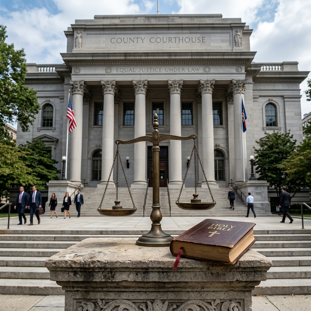 Bronze scale of justice and Holy Bible on stone pedestal outside courthouse steps